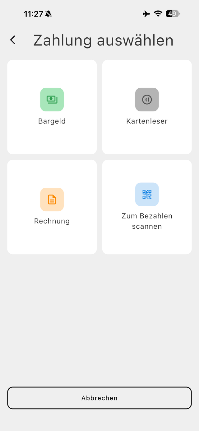XRegister am Handy: Zahlungsart auswählen — Bargeld, Kartenleser, Rechnung oder QR-Code